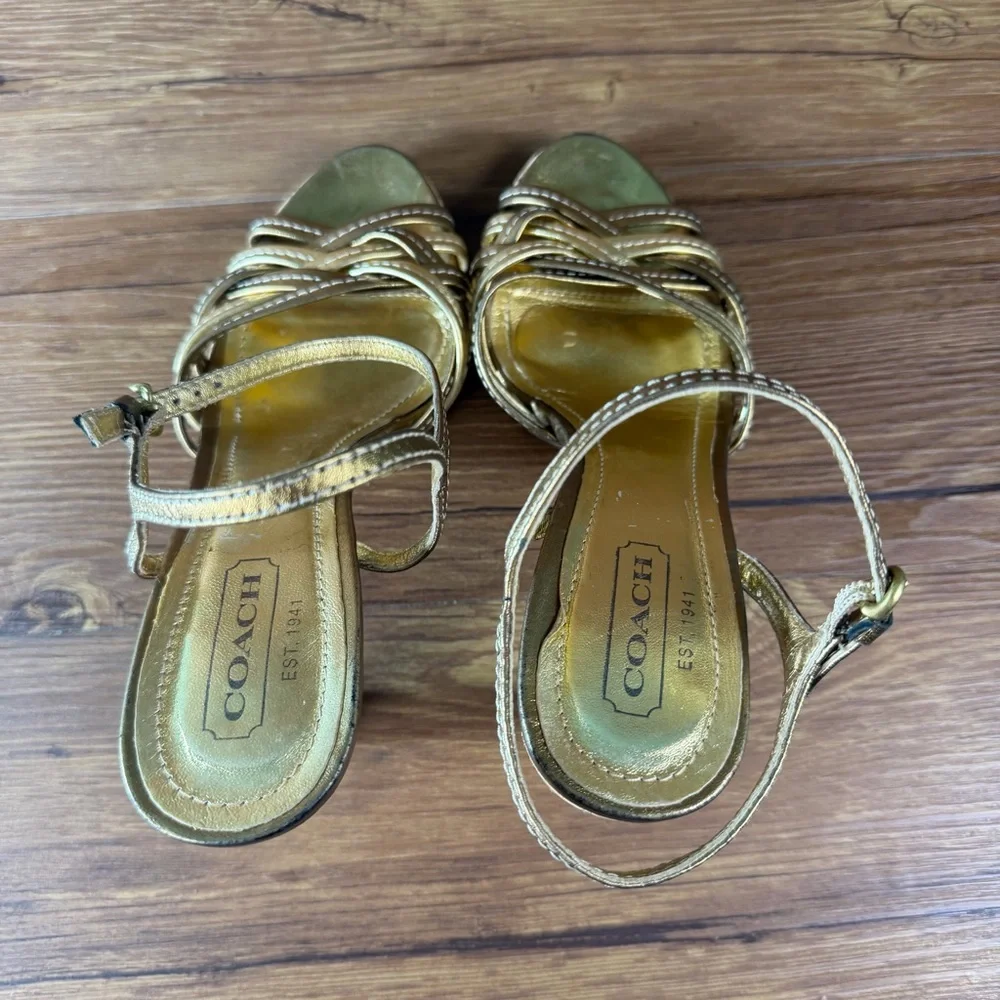 Coach Stephany Strappy Sandal Metallic Gold Size 8 Cork‎ Platform Heel Italy